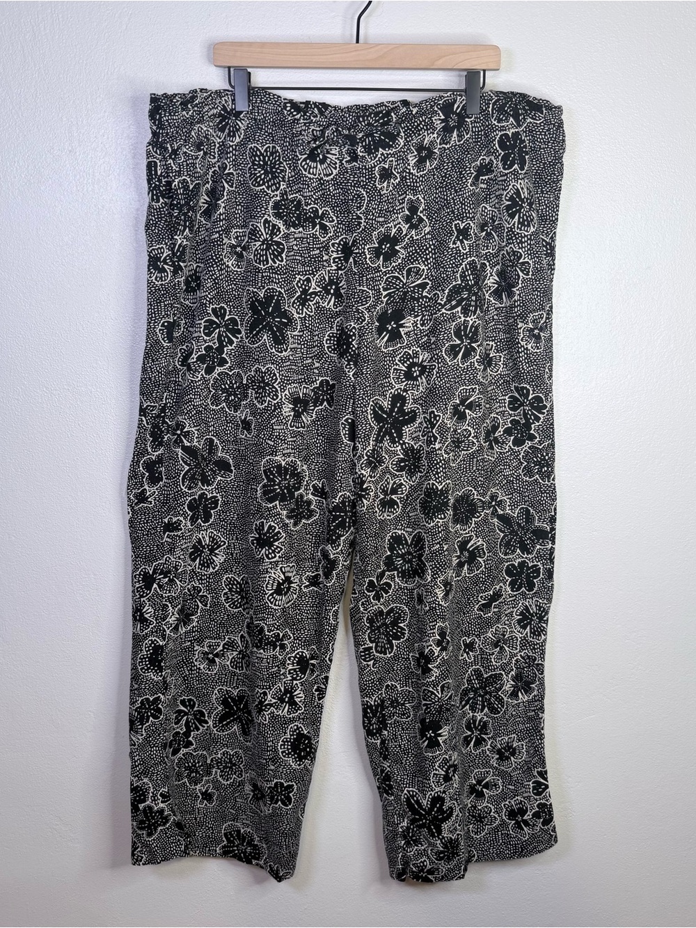 Sonoma Women's Wide-Leg Linen Blend Boho Floral Black & Creme Pants Size 1X